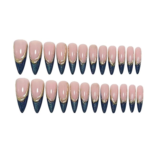 Medium Long Stiletto Press On Nails Nude Pink with Blue Glitter French Tip Gold Outline 24 Pcs Fake Nails with Adhesive Tabs No Nail Glue