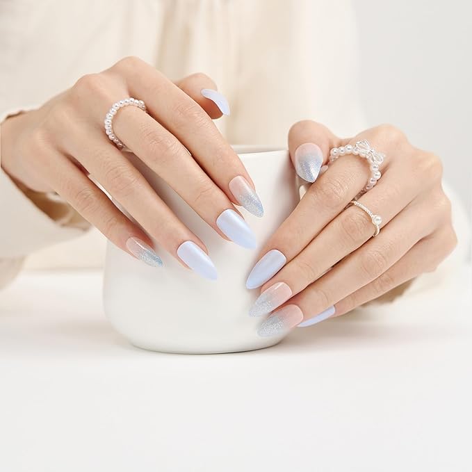 Press On Nails Almond Ombre Blue - Soft Gel Fake Nails With a Shimmery Finish, For Women And Teens, Perfect For Daily Wear, Playdates, And Relaxed Outings, 12 Sizes 24 Nail Kit With Glue