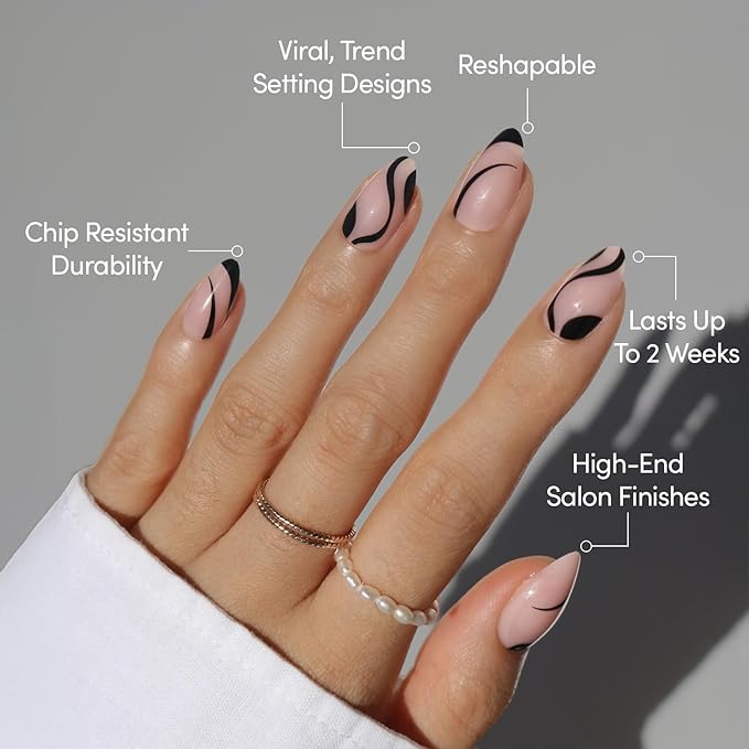 Valentines Day Glamnetic Press On Nails - Ink Wave | Short Almond Fake Nails with a Sheer Base, Black Swirl Designs in a Glossy Finish, Salon Quality | 15 Sizes - 30 Nail Kit with Glue