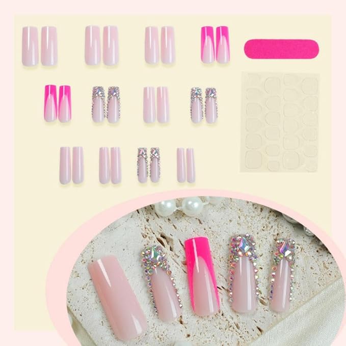 Handmade Press on Nails - Long Square Fake Nails - Red French Tips Design Shiny Rhinestone False Nails Glossy Stick on Nail Full Cover Nails Diamond Glue on Nail for Women Manicure 24Pcs
