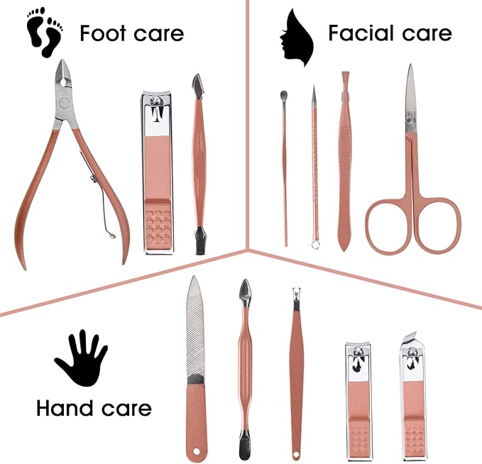 Nail Clippers and Beauty Tool Portable Set Manicure Set 12 in 1, with Pink Leather Bag, Suitable for Home, Workplace, Outdoor Travel, Gift Giving, Salon