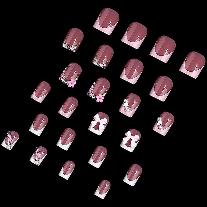 Cute Press on Nails Short Square French Tip Fake Nails Flower Pearls Bow Charms False Nails with Designs MABKJLF Pink & White Glossy Glue on Nails Stick on Nails Acrylic Nails for Women Girls 24Pcs