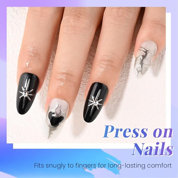 evpct 3D Gothic Press on Nails Short Almond with Silver Line Design, Black White Silver French Tip Stick on Nail for Women, Reusable Full Cover Soft Press on Fake Nail Perfectly Fit with Design
