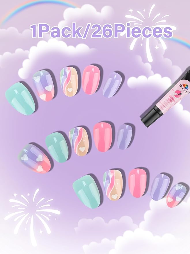 EBANKU 1 Pack Kid Fake Nail Kit, 26 Pieces Press on Nails for Kids Colorful Press on Nail Short Artificial False Nail Kits for Kids Girls