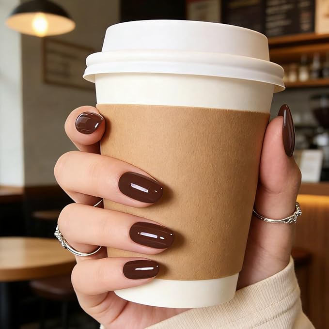 Brown Press on Nails Almond, Fall Coffee Chocolate Press ons, Reusable Acrylic Stick on False Nails 30Pcs 15 Sizes Kit for Women