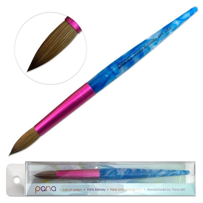 PANA Pure Kolinsky Hair Acrylic Nail Brush - Round Shape Pink Ferrule with White Swirl Blue Handle (Size 20)