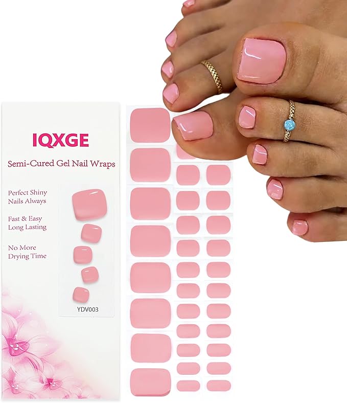 32 Pcs Semi Cured Gel Toe Nail Strips Nude Pink Gel Nail Stickers Full Cover Nails Wraps Self Adhesive Toe Nails Polish Strips Stickers for Women UV/LED Light Required