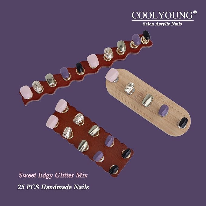 COOLYOUNG 25PC Short Glitter Press On Nails Soft Gel Acrylic Blush Pink Black Mix Reusable Fake Nails