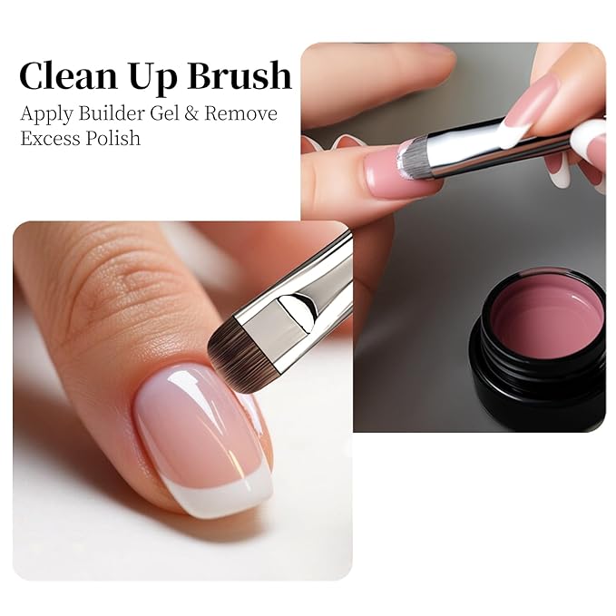 Dual Head Acrylic Nail Brush-French Tip & 9mm Liner with Cleaning Brush for Builder Gel,Polygel & Design-Wood Handle & Metal Caps