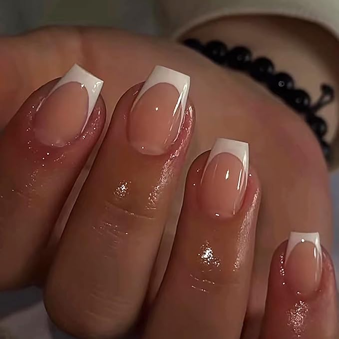 Extra Short Square French Tip Fake Nails White Full Cover Glue on False Cute Acrylic Press on Handmade Stick on Artificial Nails for Women Girls 24Pcs