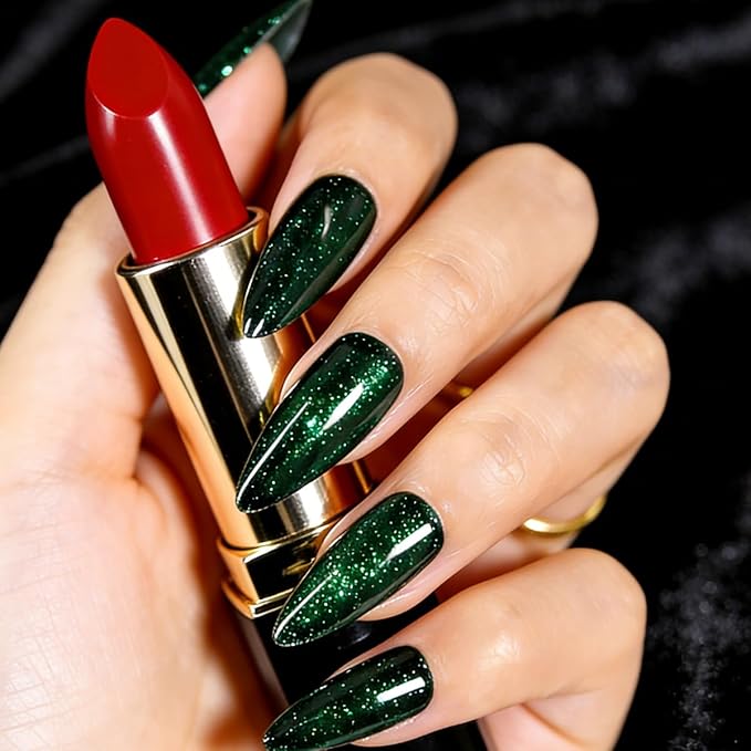 Green Cat Eye Press on Nails Almond Medium Fake Nails Sparkly Glitter Black False Nails Press ons Designs Gradient Gel Glue on Artificial Nails for Women Manicure 30Pcs