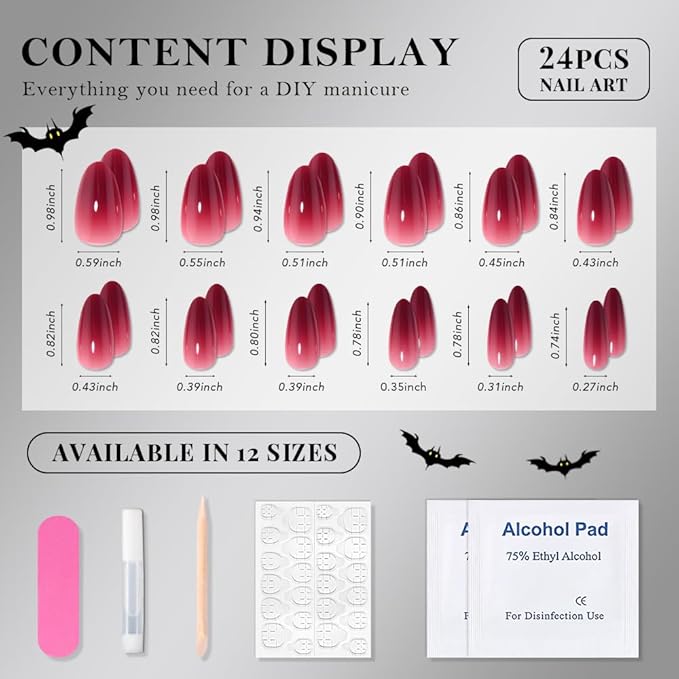 evpct Press on Nails Short Almond Ombre Design, Blood Red Ombre Glossy Artificial Acrylic Fake Nails Reusable with Kits Kit, Perfectly Fit Stick on Full Cover Soft Stick on False Nail for Women Girls