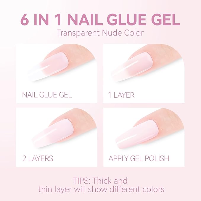 Gelike EC Gel Nail Glue UV Light: Pink 6 in 1 Adhesive Gel Nail Polish, Strong Nail Glue for Press On Nails Nails Acrylic Tips, Long Last - Nail Art Gift for Home Salon Beginner DIY