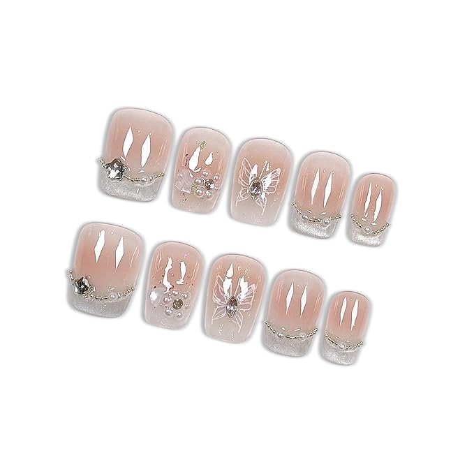Handmade Press On Nails Short Square,Acrylic French Crystal Cat Eye & Chain Pearl Butterfly Design Fake Nails,Cute Korean Pink False Nails 10PCS with Tools Kit for Women Daily (Size S)