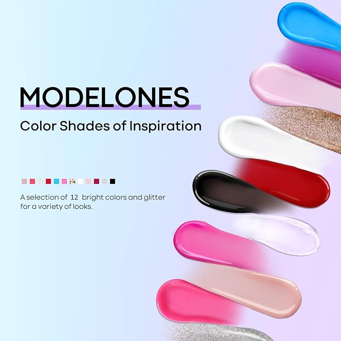 modelones 12 Colors Poly Nail Extension Gel Kit Pink Black White Red Glitter All Seasons Classic Colors Builder Nail Gel Set Holiday Manicure DIY Design Salon at Home Beauty Gifts