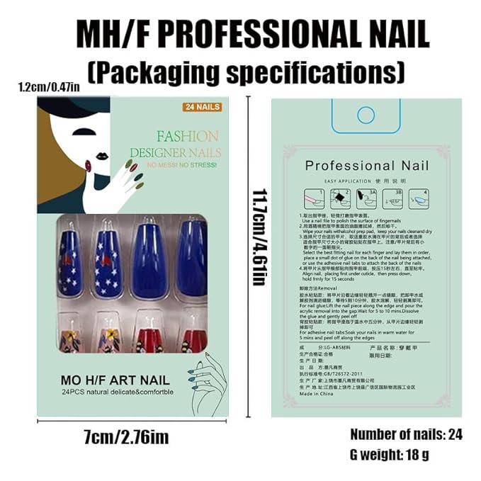 24Pcs Independence Day Press on Nails Medium Coffin Fake Nails Blue Red Heart Patriotic False Nails Cute Bee Summer Acrylic Nails Full Cover Glue on Nails for Women 4th of July