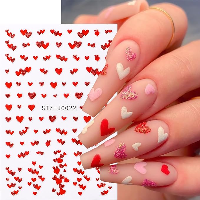 6 Sheets Valentines Nail Art Stickers Sparkling Heart Nail Decals 3D Self-Adhesive Red Heart English Letter Nail Designs French Lines Nails Stickers for Women Romantic Valentine's Holiday Nails Decor