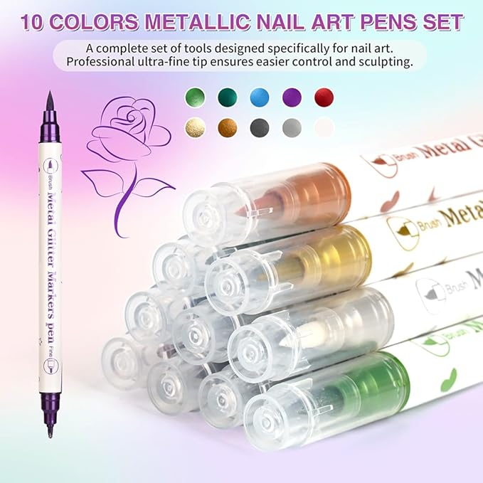 10 Colors Metallic Nail Art Pens Set, Professional Dual Tip with Soft Brush & Fine Point, Quick Dry Water-Based Markers for DIY Nail Salon and Beginners