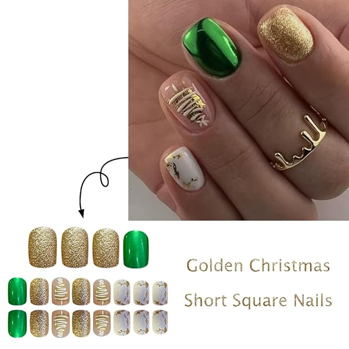 Christmas Press on Nails Short Square Fake Nails Christmas Tree False Nails Gold Glitter Full Cover Stick on Nails Winter Xmas Acrylic Nail for Women Manicure Nail Decoration
