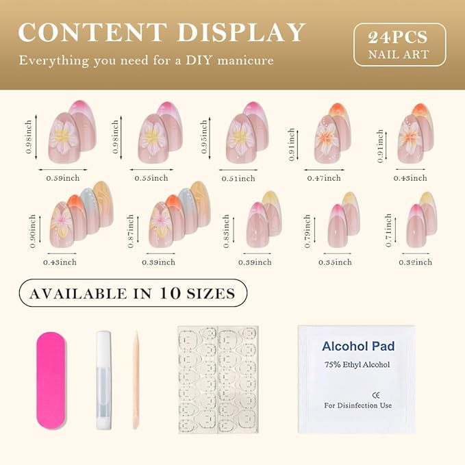 Nude French Press on Fake Nails Medium Short Oval with 3D Flower Design, False Summer Nail Reusable Press ons Artificial Manicure for Women Girls, Perfect Fit Stick on Nail Glossy Finish, 24Pcs
