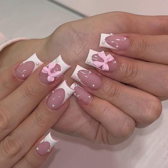 Medium Press on Nails Square - White French Tip Fake Nails with Bow Charms Design - Cute False Nails Press ons - for Women 24 Pcs