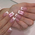 Medium Press on Nails Square - White French Tip Fake Nails with Bow Charms Design - Cute False Nails Press ons - for Women 24 Pcs