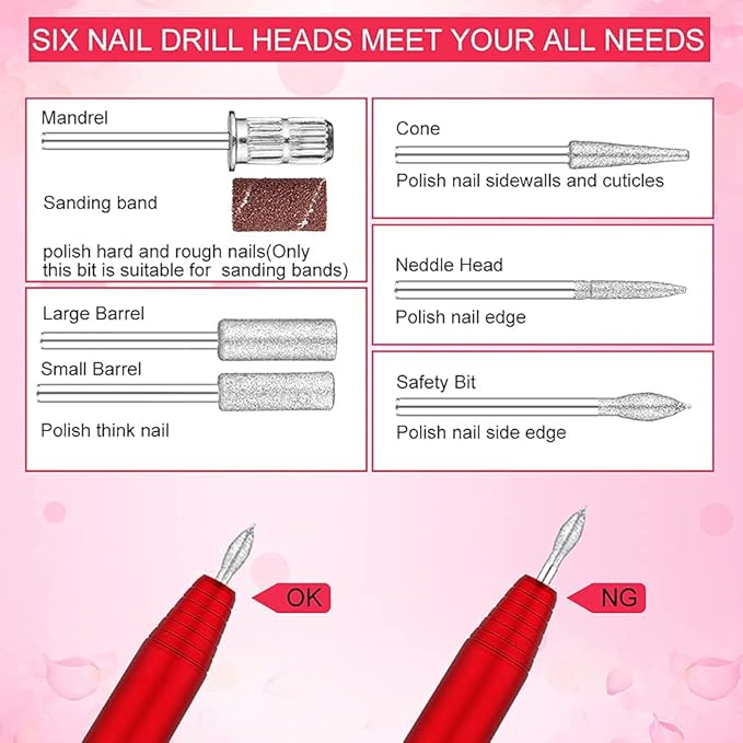 20000 RPM Electric Nail File Kit Portable Nail Drill Machine Professional Manicure Pedicure Kit with Sanding Bands,Nail Drill Bits and Brush for Acrylic Gel Nails-Red