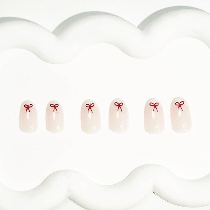 White French Tip Press On Nails Almond Short Fake Nails with Red Bow Design False Nails Valentines Day Bow Full Cover Acrylic Artificial Nails Press Ons Glue Stick On Nail for Women DIY Manicure 24PCS