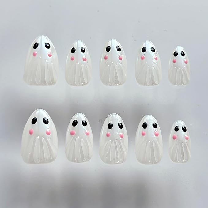 Halloween Press on Nails Medium Almond Handmade Nails 3D Unique Reusable ABS Material Luxury Fake Nails Chrome Cute Little Ghost False Nails with Designs Glossy Glue on Nails Thick Acrylic Nails(M)