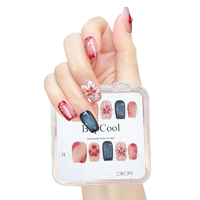 Handmade Press on Nails ，Medium Coffin Nails - 10PCS Glossy short Coffee False Nails with 3D Flower Metallic Embellishments | Reusable Acrylic Nail Set | Salon Quality Nail Art Kit.(S-10PCS)