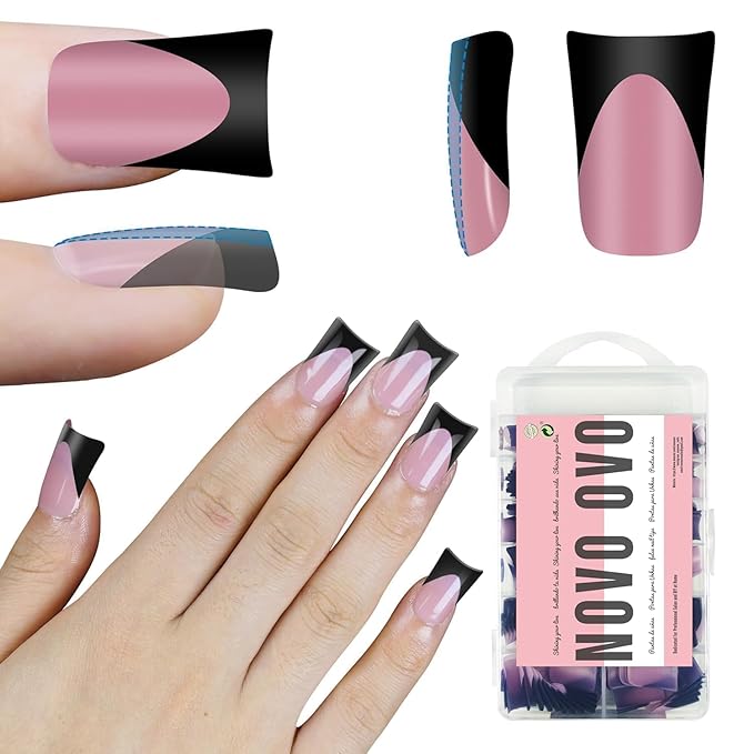 NOVO OVO Halloween Black French Tip Short Duck Nail Tips Press on, BERRY PINK Pre-designed Soft Gel Nail Extension, Extra thick Full Cover Matte Vrial False Nails for Salon DIY x 12 Sizes 240 pcs
