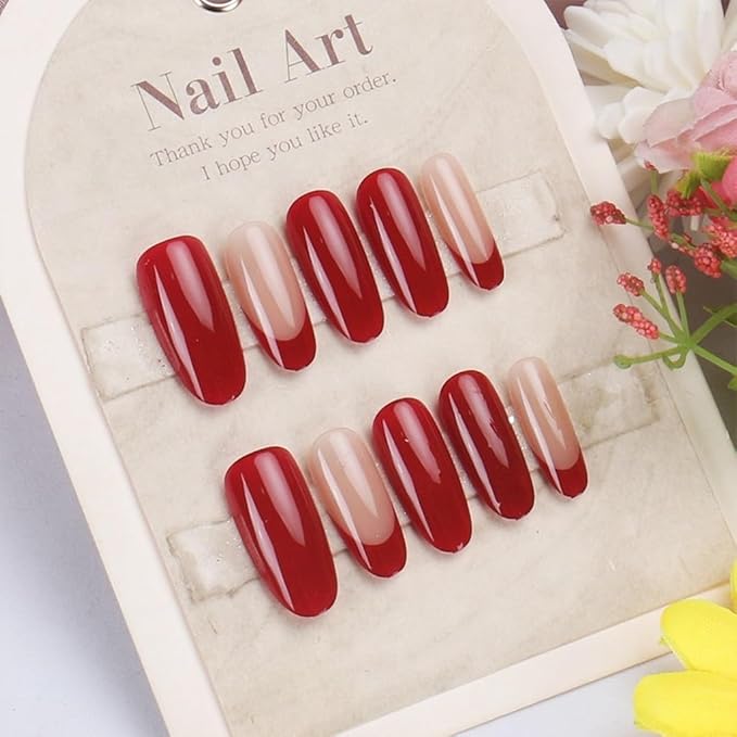 Red Press on Nails Almond - Medium French Tip Fake Nails - Glossy Full Cover Stick on False Nails - for Women Winter Manicure 30 Pcs