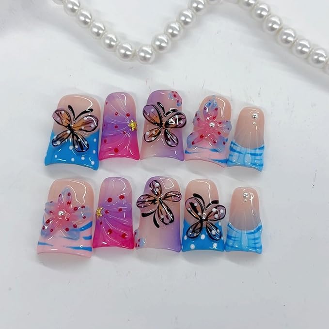 10 Pcs Handmade Press on Nails Duck Medium Fake Nails with Butterfly Flower Shaped Design Acrylic False Nails with Glue,Full Cover Gradient Glossy Glue on Nail for Women（M)