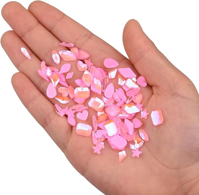 100pcs Glass Flatback Mocha Pink Colored Nail Gemstone Mix 10 Shapes for DIY Craft Acrylic Nails Rhinestone Decoration Bulk Pack Set