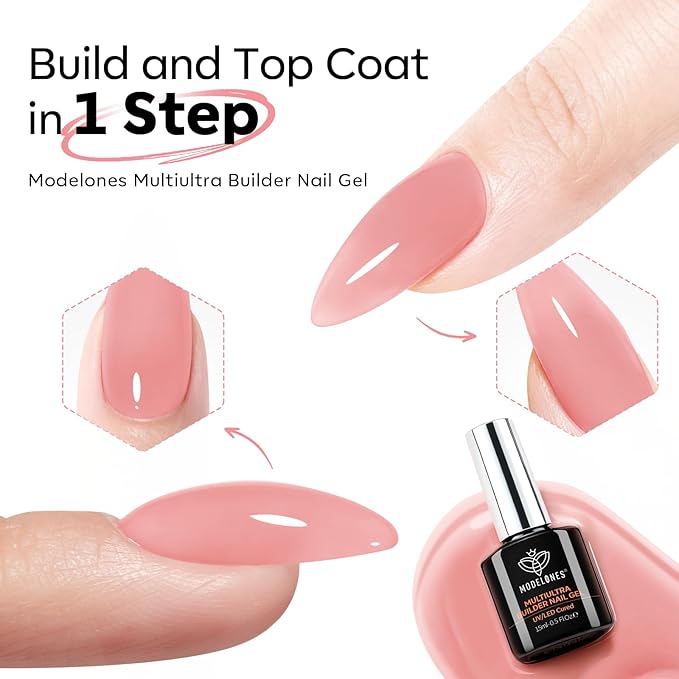 modelones Builder Nail Gel, Peach Pink Builder for Nails No Top Coat Needed, Glossy Jelly Finish Peach Blush, No-Wipe, C-Curve Sculpting, 9-in-One LED Lamp Cured Color Gel Polish for Quick Diy Salon