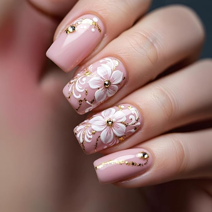Flower Fake Nails Medium Square Press on Nails Pink False Nails White Flower Nails Press Ons with Rhinestones Design Gold Glitter Line Glue on Nail Glossy Stick on Nail for Women Set 24Pcss