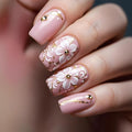 Flower Fake Nails Medium Square Press on Nails Pink False Nails White Flower Nails Press Ons with Rhinestones Design Gold Glitter Line Glue on Nail Glossy Stick on Nail for Women Set 24Pcss