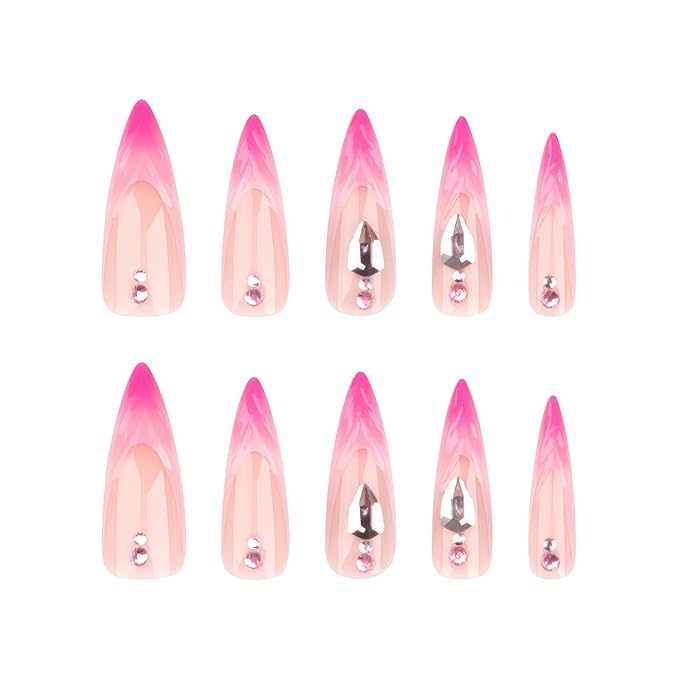 Rchvosam xxl French Tip Press on Nails Extra Long Almond False Nails Press Ons 3D Stripe Diamond Design Fake Nails Full Cover Acrylic False Nails Gift for Women 24pcs