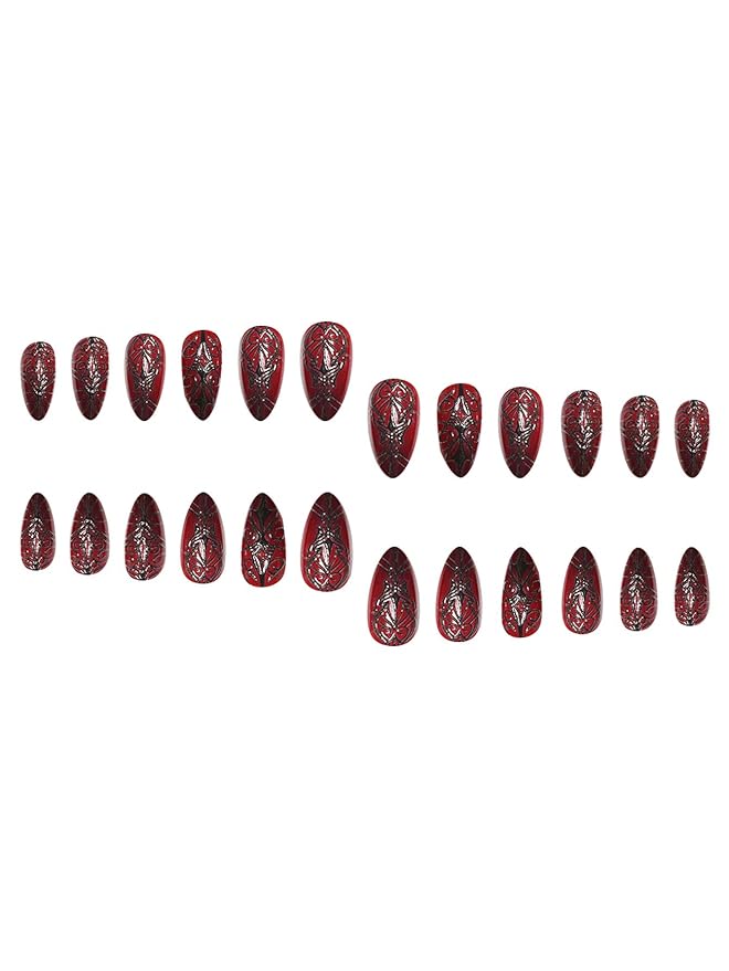 Long Almond Press on Nails Halloween Dark Red Artificial Fake Nails with Black Spider Web Designs Stick on Nail for Women 24pcs
