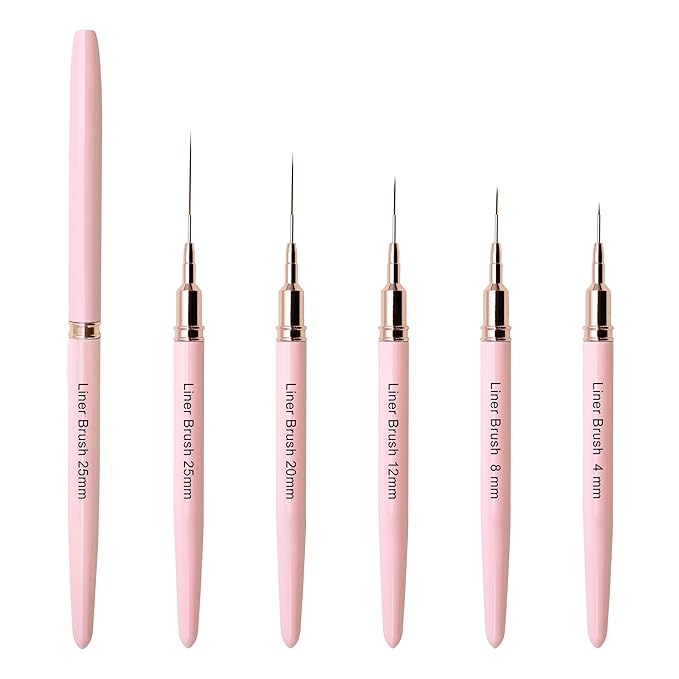 5Pcs Premium Nail Art Brushes Kit - Slim Detail/Dotting/Liner Tools for Acrylic, Gel & Designs (4/8/12/20/25mm) - Salon Quality Pink Set