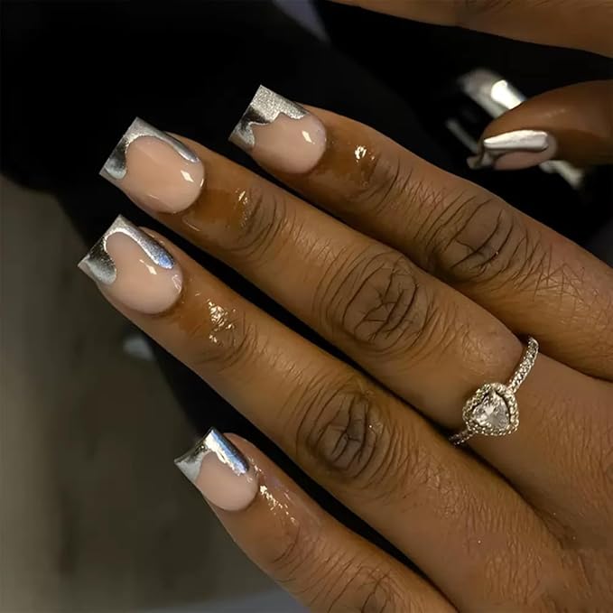 6 Packs (144 Pcs) Press on Nails Short Square Fake Nails Nude False Nails with Designs Ombre White French Tip Pink Brown Glue on Nails Full Cover Glossy Acrylic Stick on Nail for Women Manicure