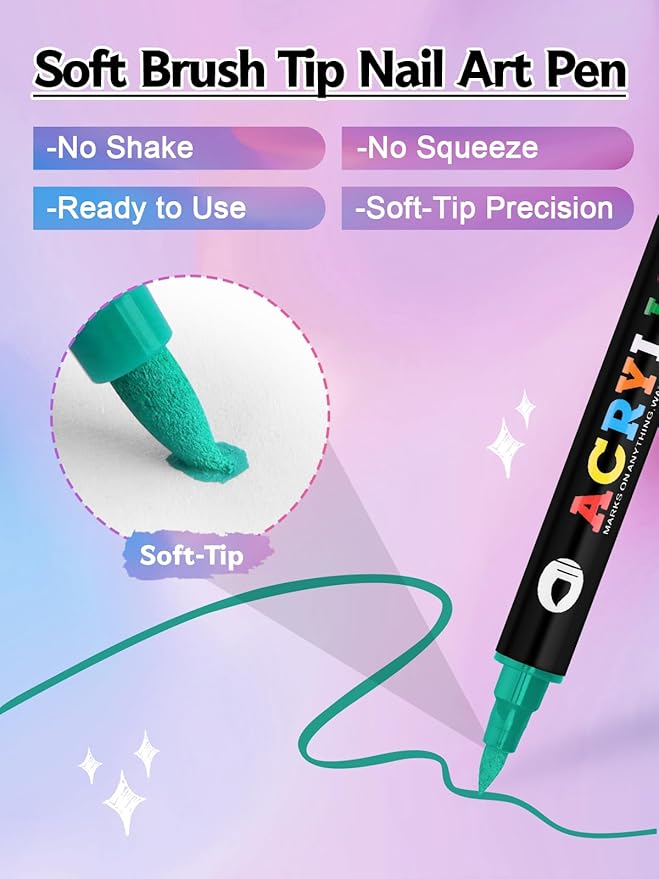 EBANKU 24 Colors Nail Art Pens, 3D Double Head Quick-Drying Nail Art Markers Acrylic Paint Nail Point Dotting Liner Pen No Squeeze Needed for Christmas Party