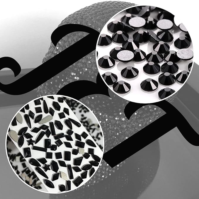 2052Pcs Black Nail Art Rhinestones Kit 72 Multi Shapes Crystal Flatback Rhinestones Gems +1980 Jet Black Round Beads Glass Stones Diamonds Jewels w Tweezer & Wax Pen for Nail Faces Eyes Makeup Crafts