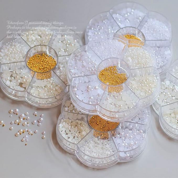 Nail Art Flatback Pearls Charms - White Half Round Crafts Beads With Gold Caviar Ball - Luxurious Design Jewelry Accessories