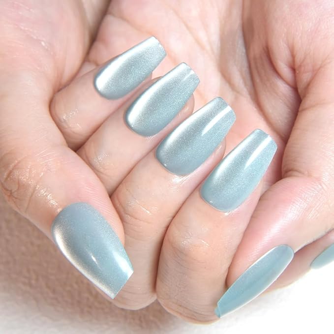 evpct Cat Eye Coffin Press on Nails Square Medium, Stick on Nails Medium Square for Women Gift, Teal Light Blue Green Metallic Glitter Glossy Gel Reusable Stick Acrylic Fake Press on Nail with Designs