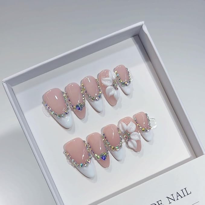 Handmade Press On Nails Almond White French Tip False Nails 3D Flower Design - Reusable Acrylic Fake Nails with Colorful Rhinestone Luxury Blossom Stick on Nail with Glue for Women (M)