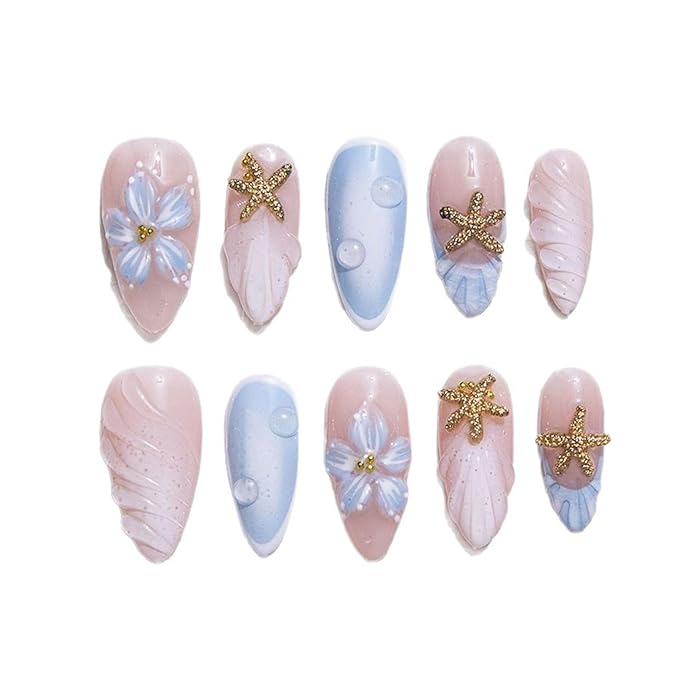 10 Pcs Handmade Almond Press on Nails Short Luxury Shell Shaped French tip Fake Nails 3D Starfish Rhinestone Nails Press Ons with Flower Design Full Cover Artificial Acrylic Stick on Nail for Women(M)