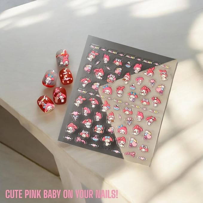 Anime Nail Stickers 5D 3D Embossed Japanese Kawaii Nail Art Decals for Unisex DIY Nails Design, Self Adhesive Stickers for Natural Gel Press On Nails, Cute Otaku Cosplay Gift Pink (MELO)