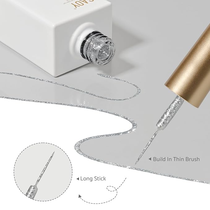 GAOY Silver Glitter Swirl Gel Nail Polish Art Liner, 12ml Sparkly Color Nail Paint Design with Thin Brush, UV Light Cure for DIY French Manicure at Home