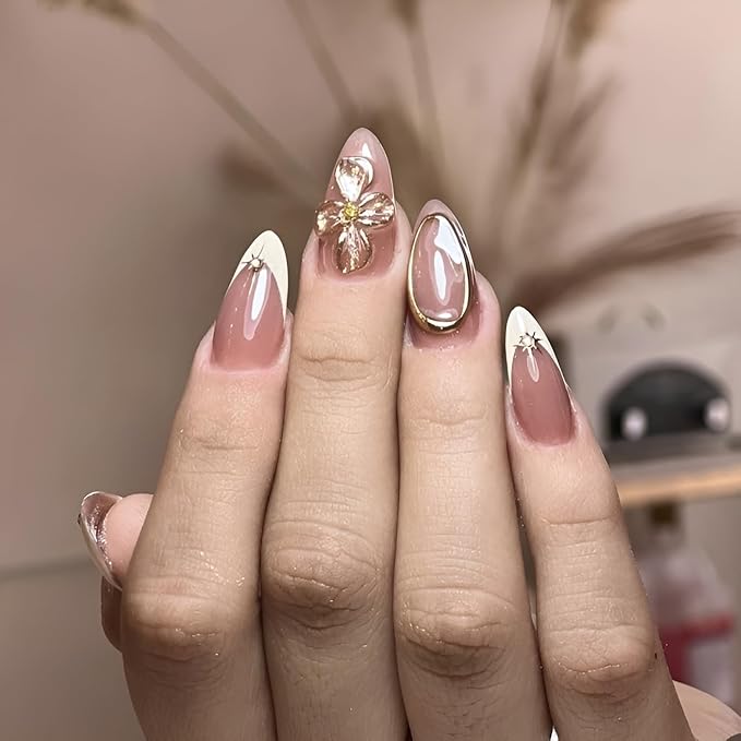 White French Tip Fake Nails Medium Almond Press on Nails Gold Flower Nails Press Ons Glossy Full Cover Glue on Nail Star False Nails Acrylic Stick on Nail for Women Decorations Set 24Pcs